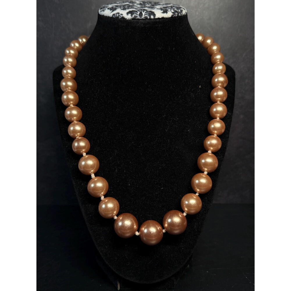 Vintage 41" Graduated Bronze Faux Pearl Knotted Necklace Gold Tone Clasp